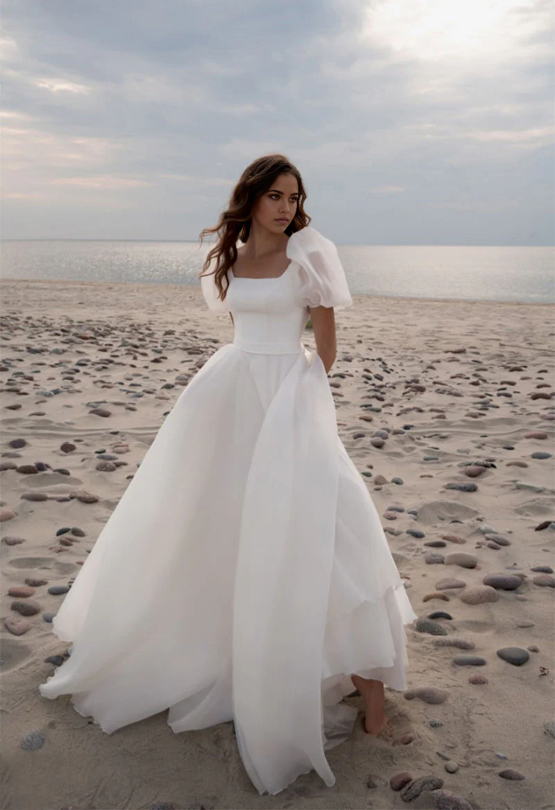 Wholesa A-Line Square Neck Short Sleeves Wedding Dresses with Train